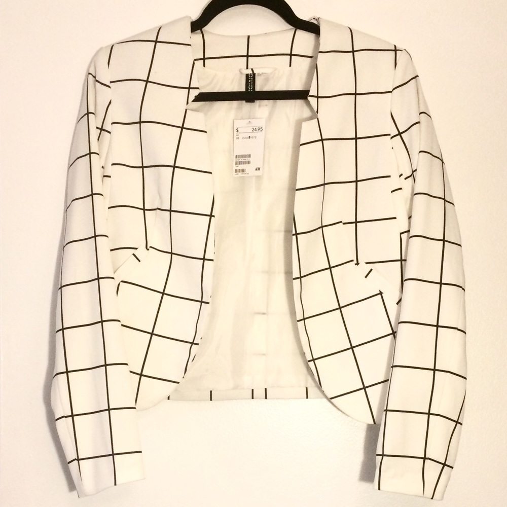 H&M white and black grid pattern blazer